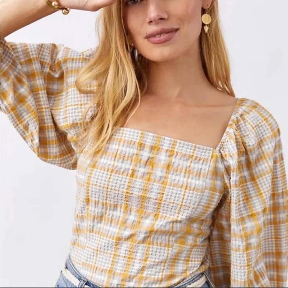 NWT Anthropologie Maeve Square Neck Plaid Smocked Top size XSmall